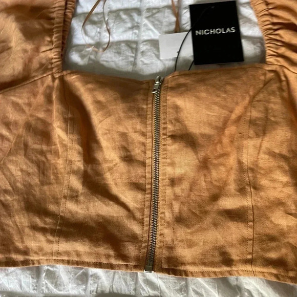 NICOLAS tan puff sleeve linen cotton top - Picture 5 of 11